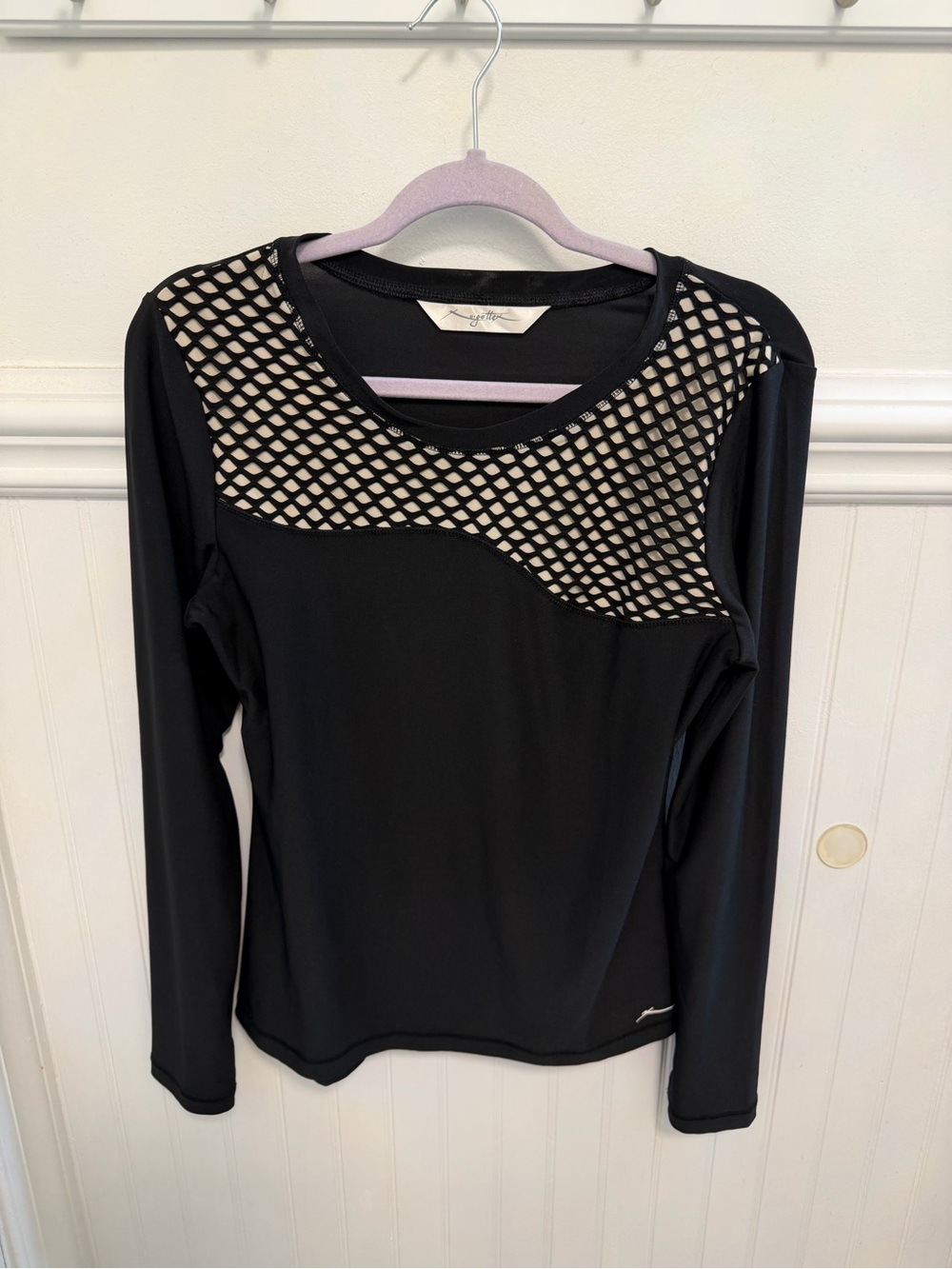 Gottex Black Long Sleeve Top with Beige Mesh Yoke